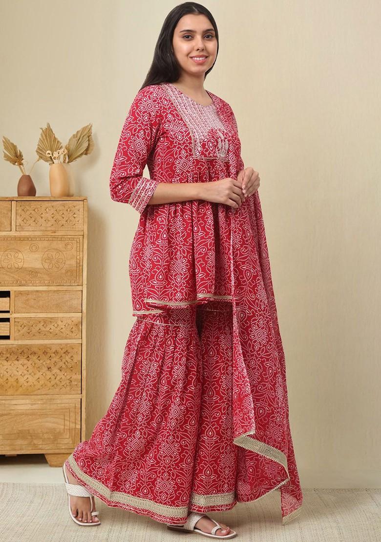 Red Embroidered Poly Blended Kurta Sets