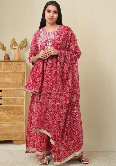 Red Embroidered Poly Blended Kurta Sets