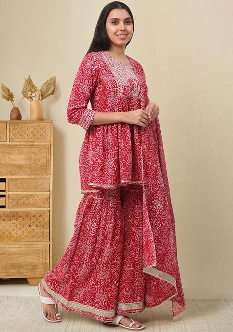 Red Embroidered Poly Blended Kurta Sets