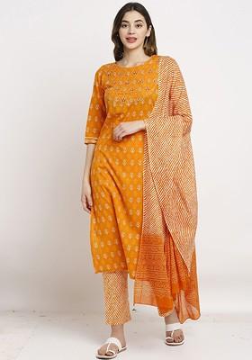 Orange Embroidered Poly Blended Kurta Sets