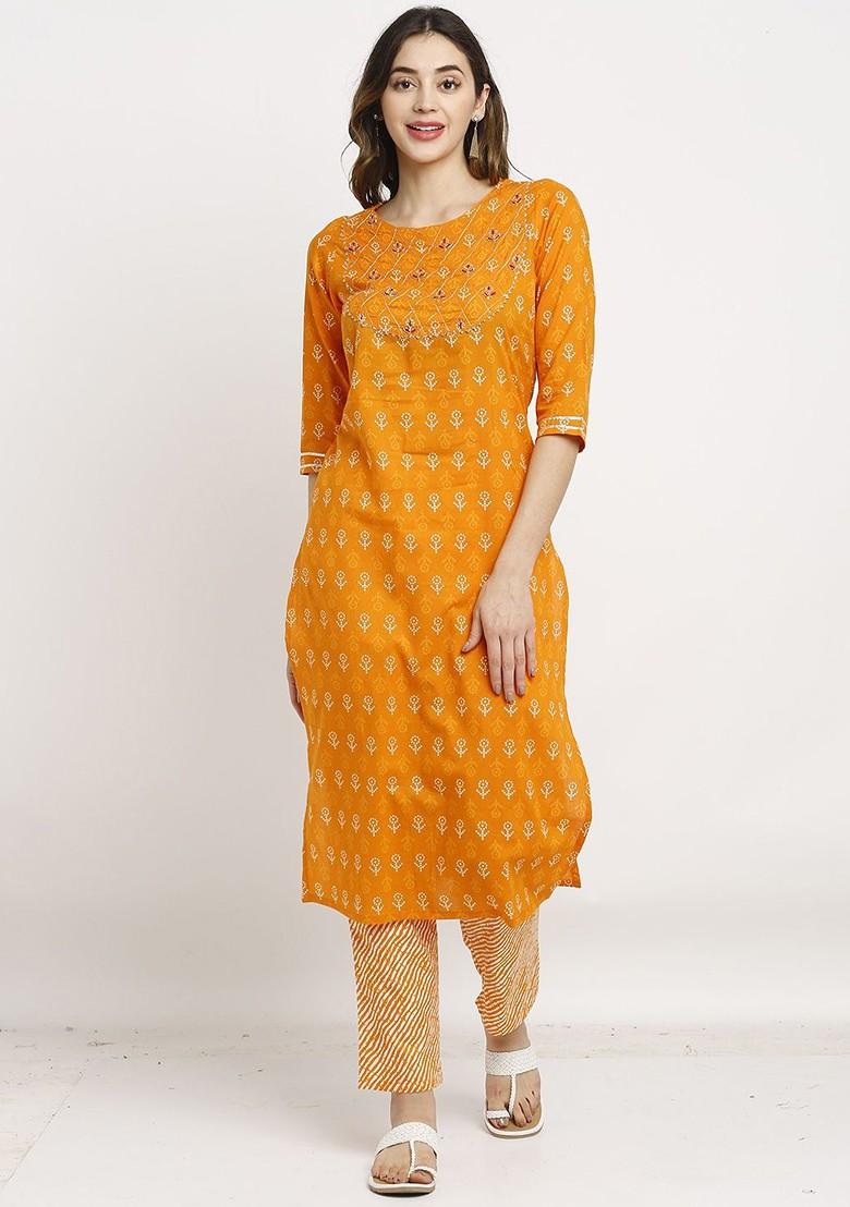 Orange Embroidered Poly Blended Kurta Sets - Indya