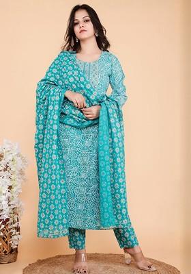 Turquoise Blue Embroidered Poly Blended Kurta Sets