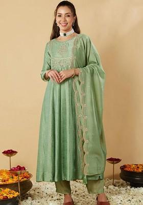 Olive Embroidered Poly Blended Kurta Sets