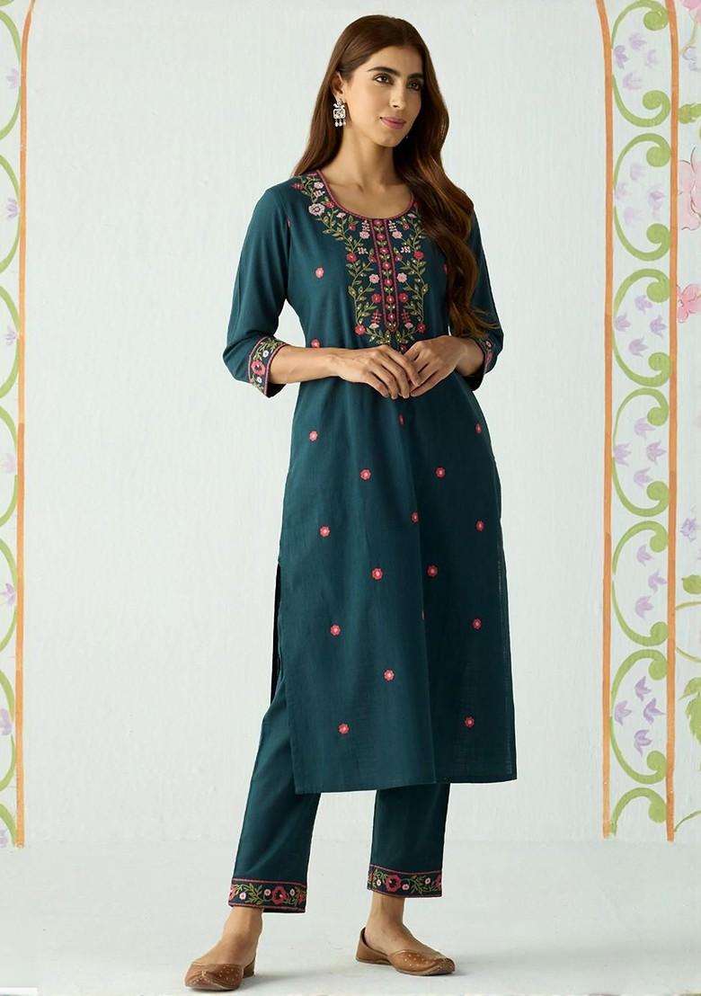 Green Embroidered Poly Blended Kurta Sets - Indya