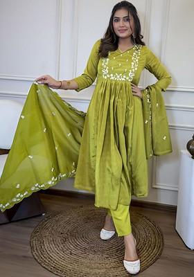 Lime Green Embroidered Poly Blended Kurta Sets