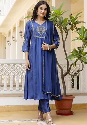 Teal Embroidered Poly Blended Kurta Sets