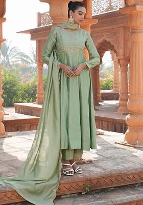 Olive Embroidered Poly Blended Kurta Sets