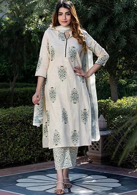 Off White Embroidered Poly Blended Kurta Sets