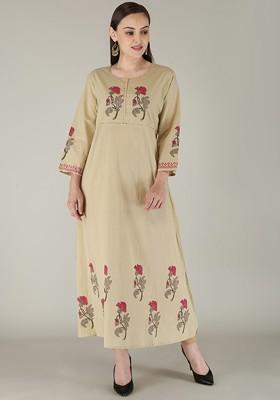 Beige Embroidered Poly Blended Kurtas