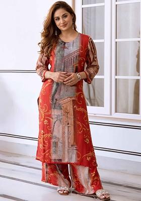 Orange Embroidered Poly Blended Kurta Sets