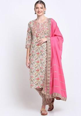 Beige Embroidered Poly Blended Kurta Sets