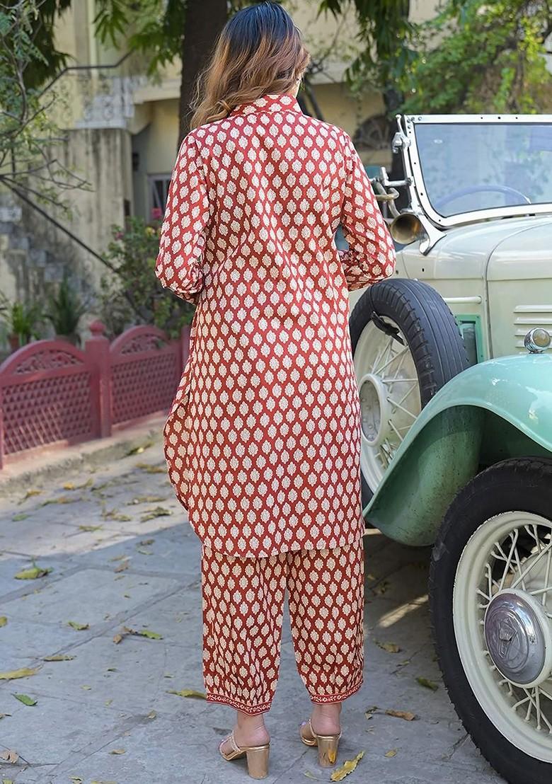 Maroon Embroidered Poly Blended Kurta Sets - Indya