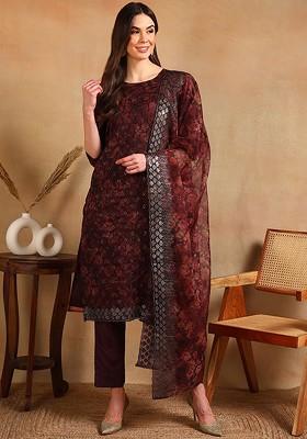 Brown Embroidered Poly Blended Kurta Sets
