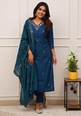 Turquoise Blue Embroidered Poly Blended Kurta Sets