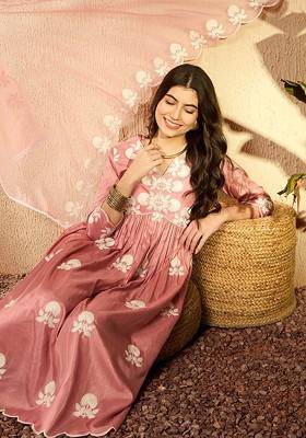 Peach Embroidered Poly Blended Kurta Sets