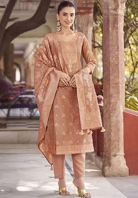 Rust Embroidered Poly Blended Kurta Sets