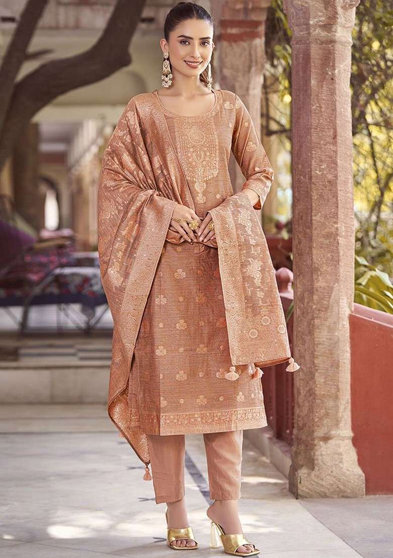 Rust Embroidered Poly Blended Kurta Sets - Indya