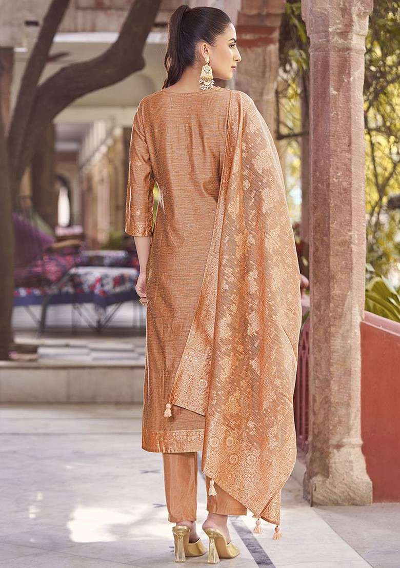 Rust Embroidered Poly Blended Kurta Sets - Indya