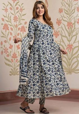 Cream Embroidered Poly Blended Kurta Sets