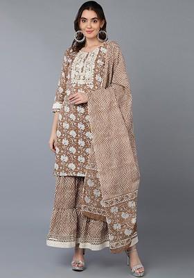 Beige Embroidered Poly Blended Kurta Sets