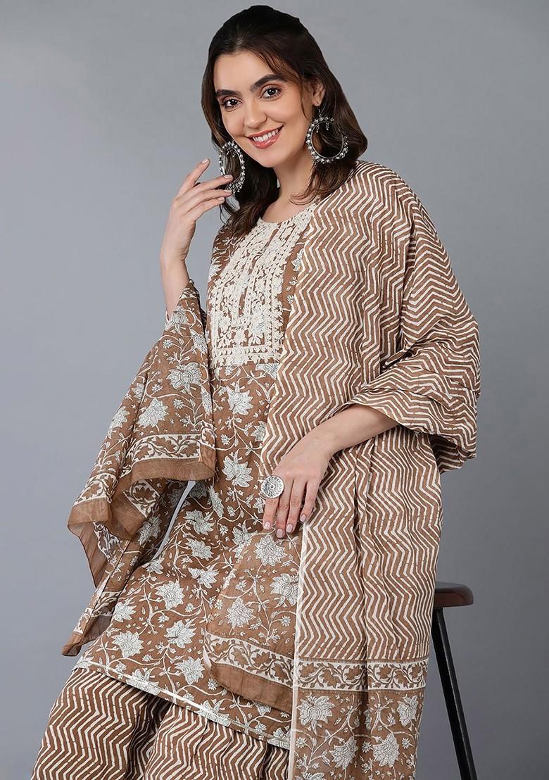 Beige Embroidered Poly Blended Kurta Sets - Indya
