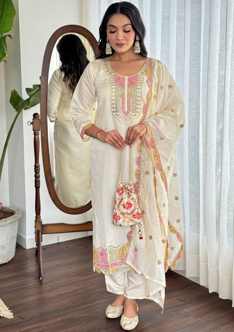 Off White Embroidered Poly Blended Kurta Sets