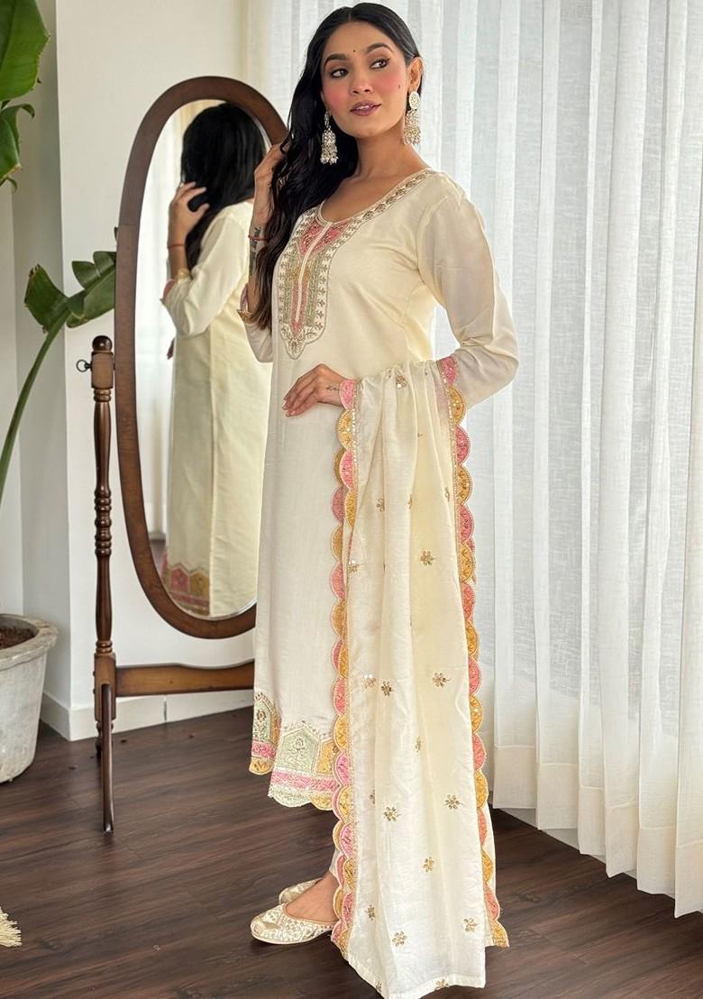 Off White Embroidered Poly Blended Kurta Sets