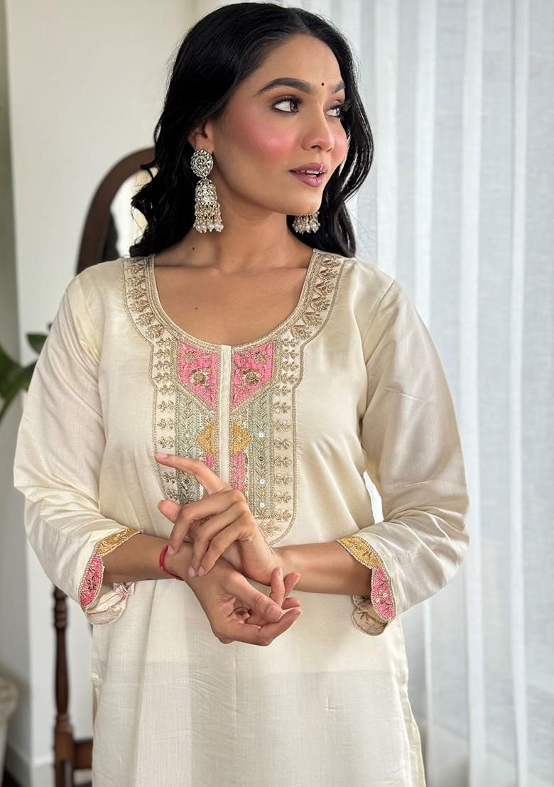 Off White Embroidered Poly Blended Kurta Sets