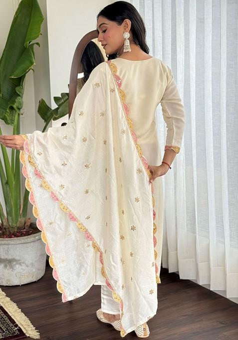 Off White Embroidered Poly Blended Kurta Sets