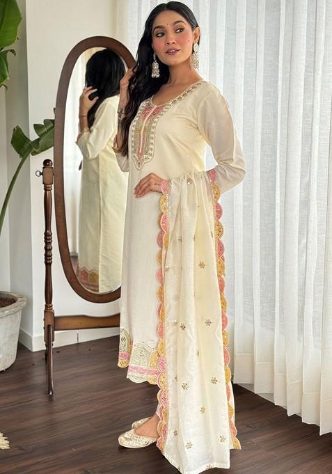 Off White Embroidered Poly Blended Kurta Sets