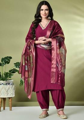 Magenta Embroidered Poly Blended Kurta Sets