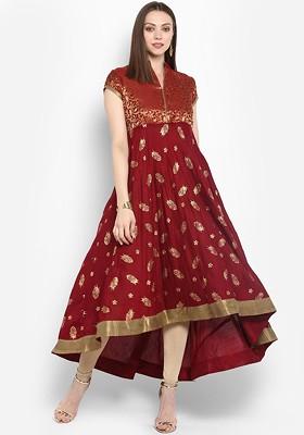 Maroon Embroidered Poly Blended Kurtas