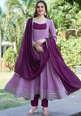 Lavender Embroidered Poly Blended Kurta Sets
