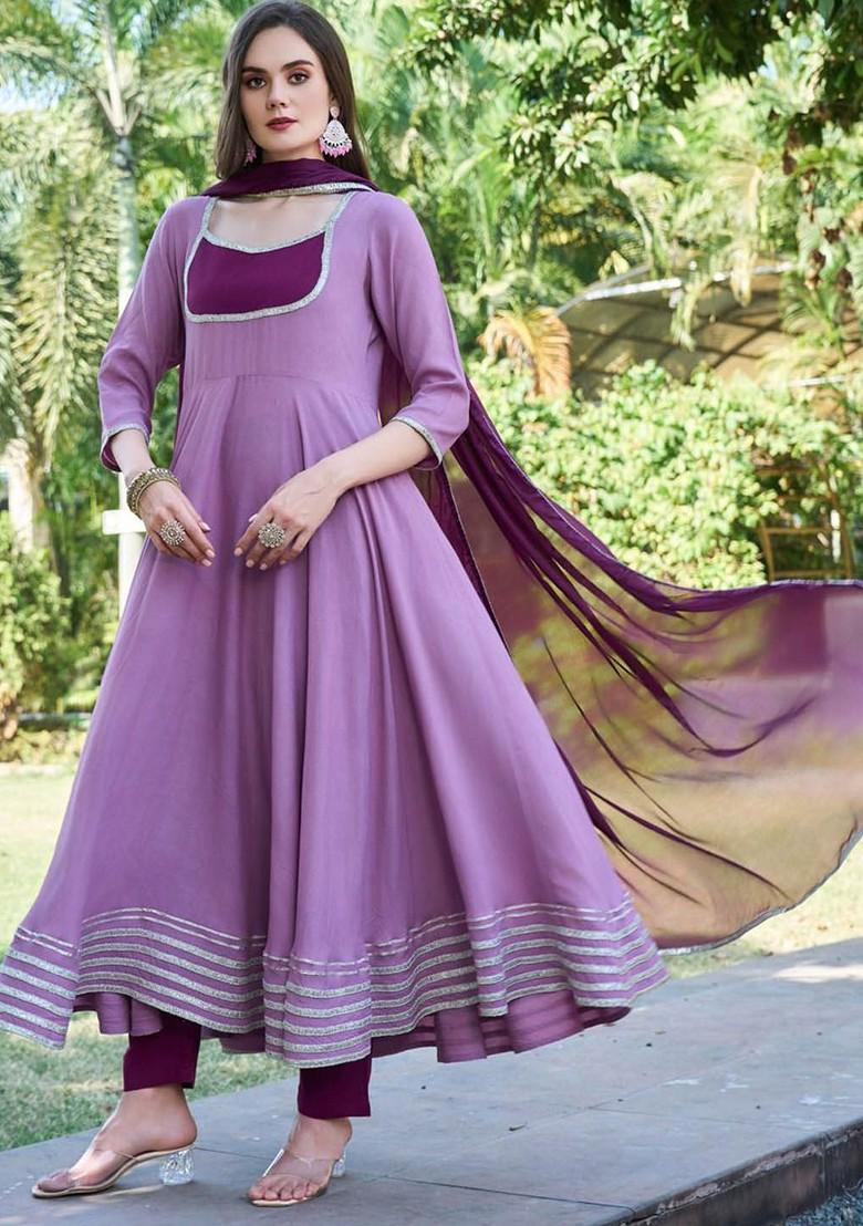 Lavender Embroidered Poly Blended Kurta Sets - Indya