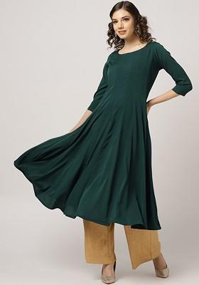 Green Embroidered Poly Blended Kurtas