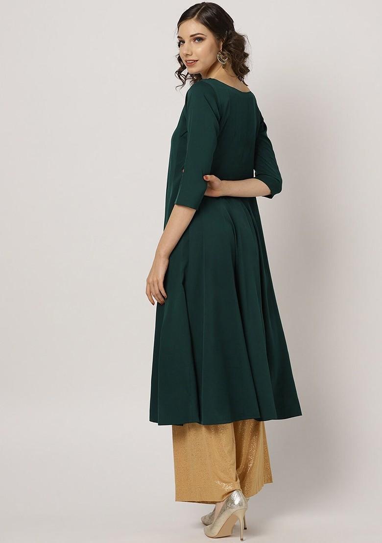 Green Embroidered Poly Blended Kurtas - Indya