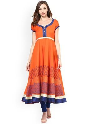 Orange Embroidered Poly Blended Kurtas