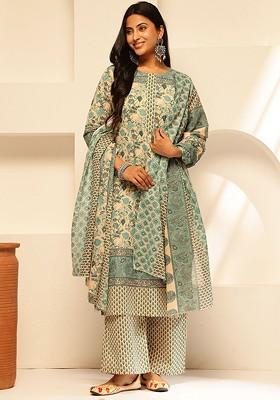Turquoise Blue Embroidered Poly Blended Kurta Sets