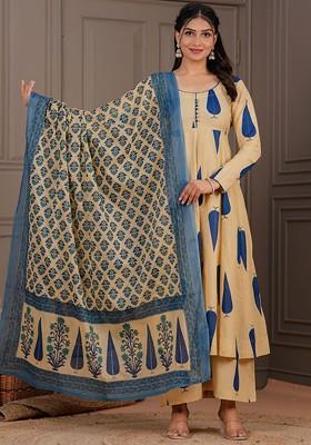 Cream Embroidered Poly Blended Kurta Sets