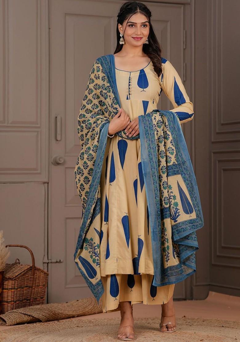 Cream Embroidered Poly Blended Kurta Sets - Indya