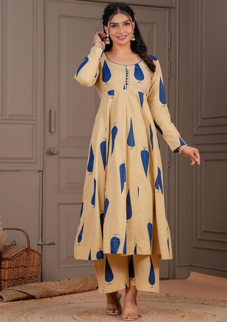 Cream Embroidered Poly Blended Kurta Sets - Indya