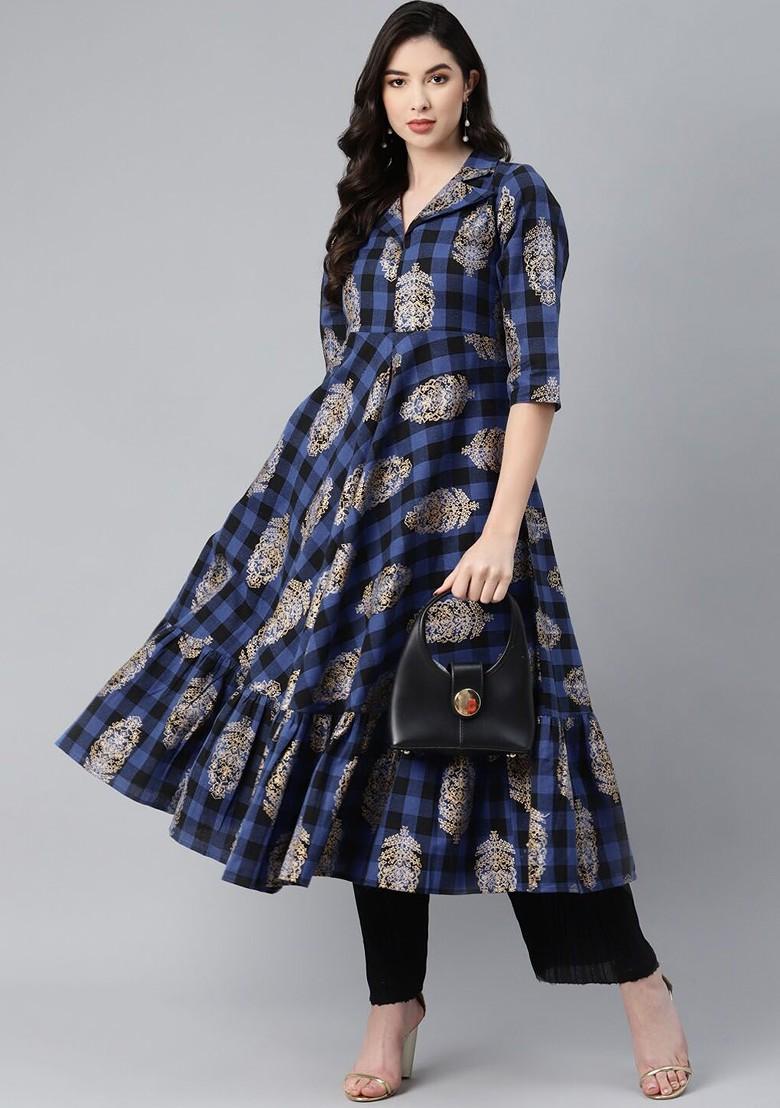 Blue Embroidered Poly Blended Kurtas - Indya