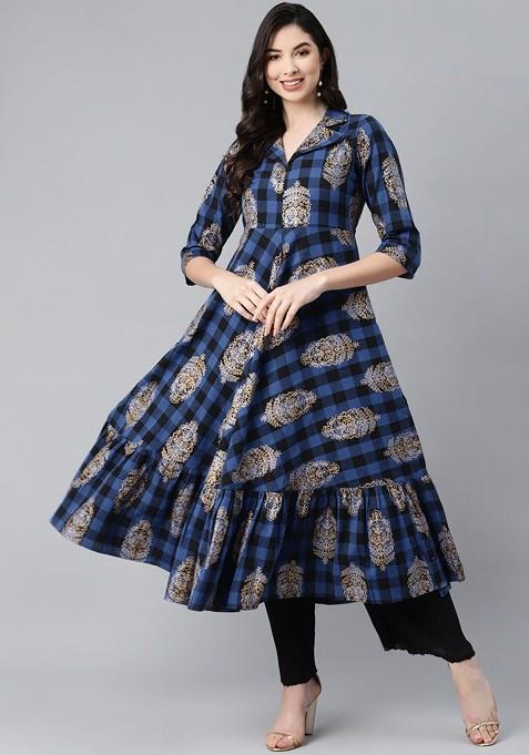 Blue Embroidered Poly Blended Kurtas