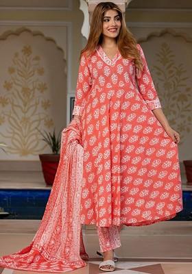 Peach Embroidered Poly Blended Kurta Sets