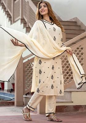 Cream Embroidered Poly Blended Kurta Sets