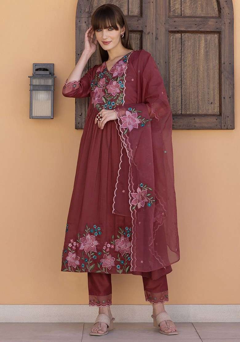 Rust Embroidered Poly Blended Kurta Sets - Indya