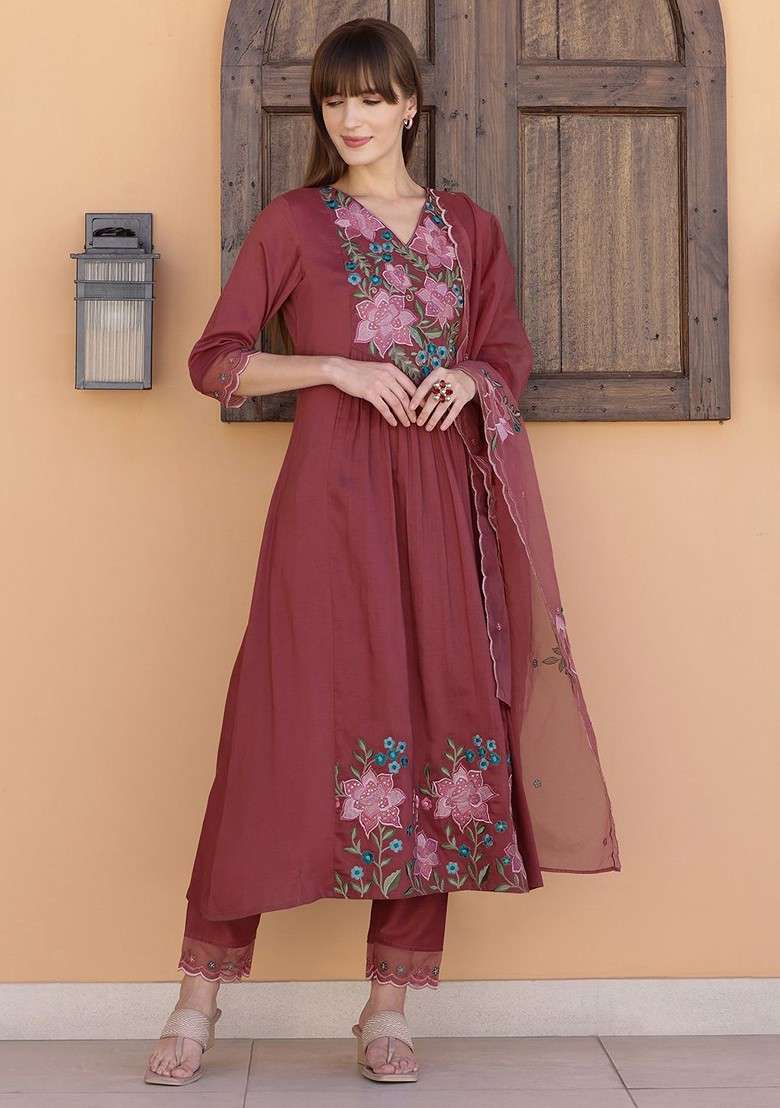 Rust Embroidered Poly Blended Kurta Sets - Indya