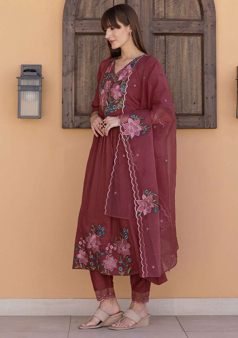 Rust Embroidered Poly Blended Kurta Sets - Indya