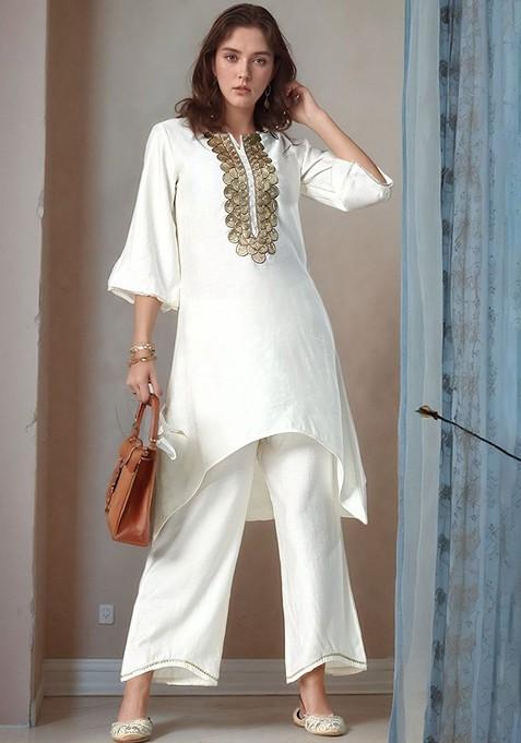 White Embroidered Poly Blended Kurta Sets