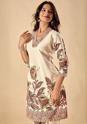Cream Embroidered Poly Blended Kurta Sets